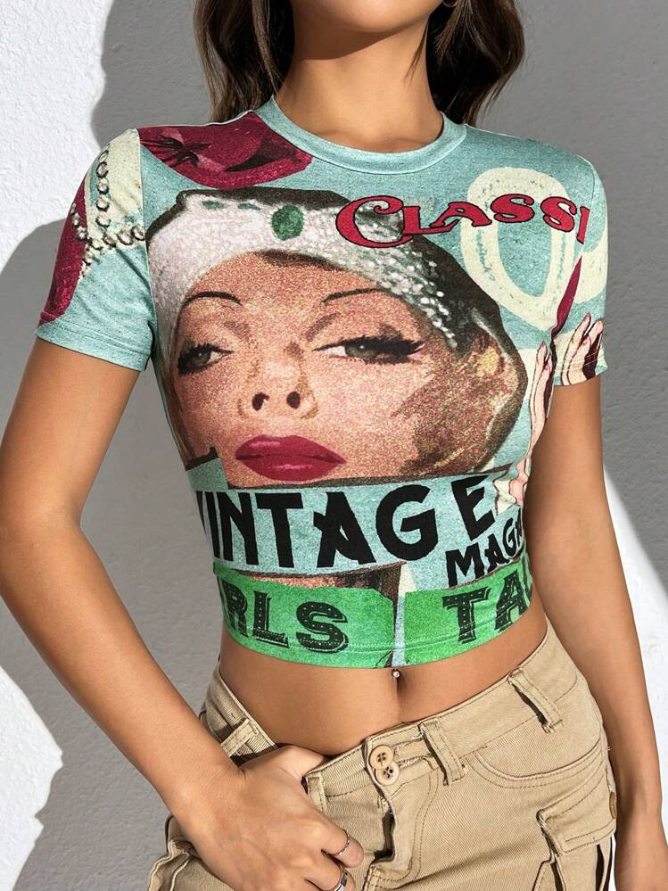 SHEIN EZwear Casual Vintage Girl Print Crew Neck Short Sleeve Slim Fitted Cropped Plus Size Women... | SHEIN