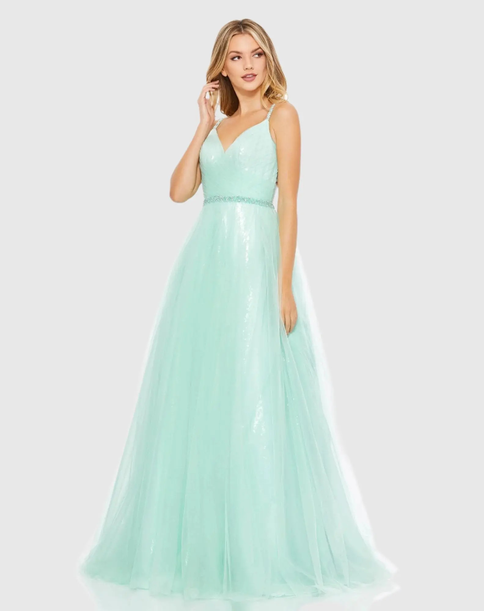 Mac Duggal - Green V-Neck Tulle Ballgown with Embellished Belt - FINAL SALE - Mint / US 4 | Mac Duggal