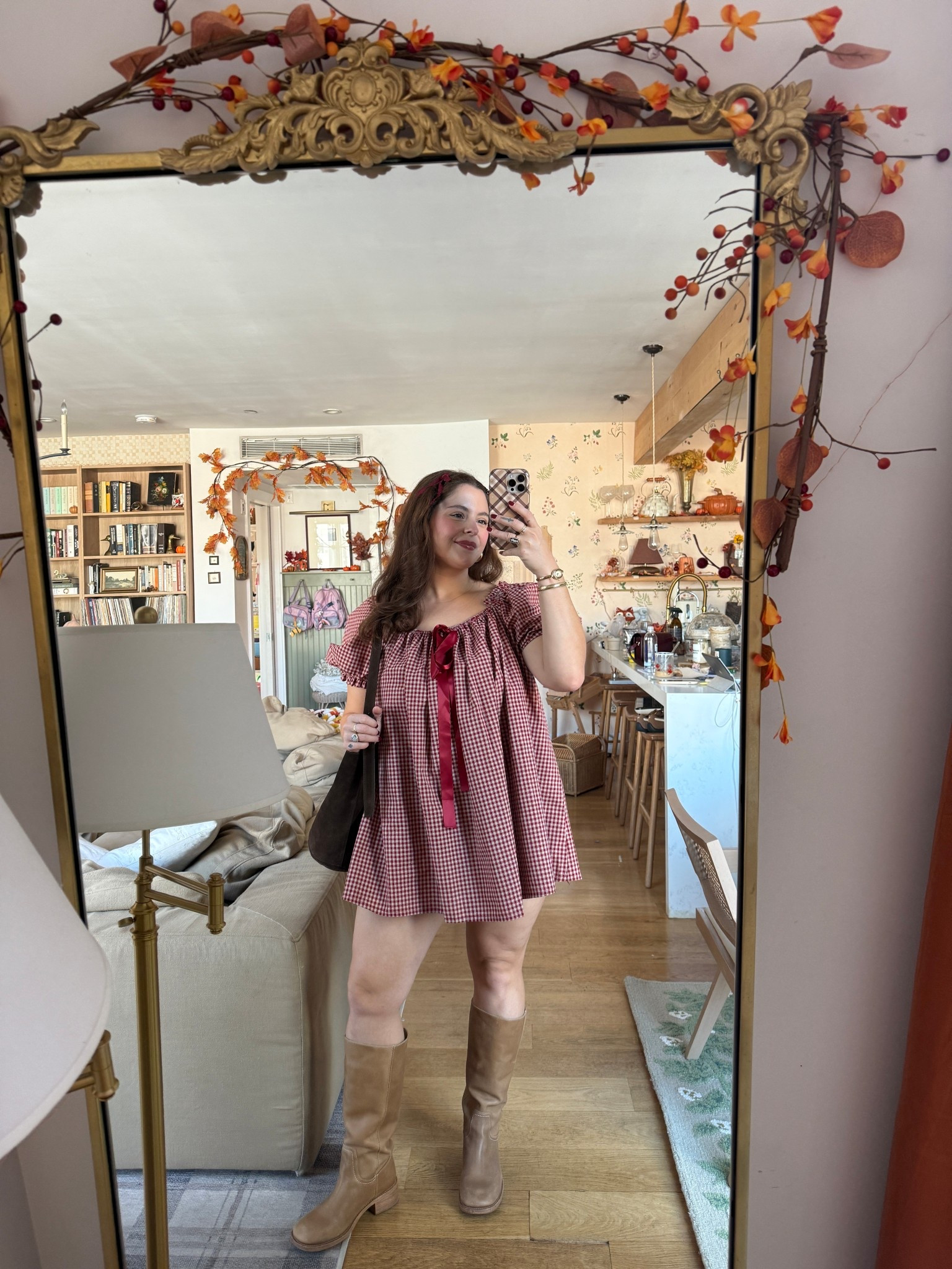 Red gingham puff sleeve short dress Amazon under $20 

Steve Madden wide calf rigg boots 
Brown suede bucket tote bag 

#LTKStyleTip #LTKMidsize #LTKFindsUnder50