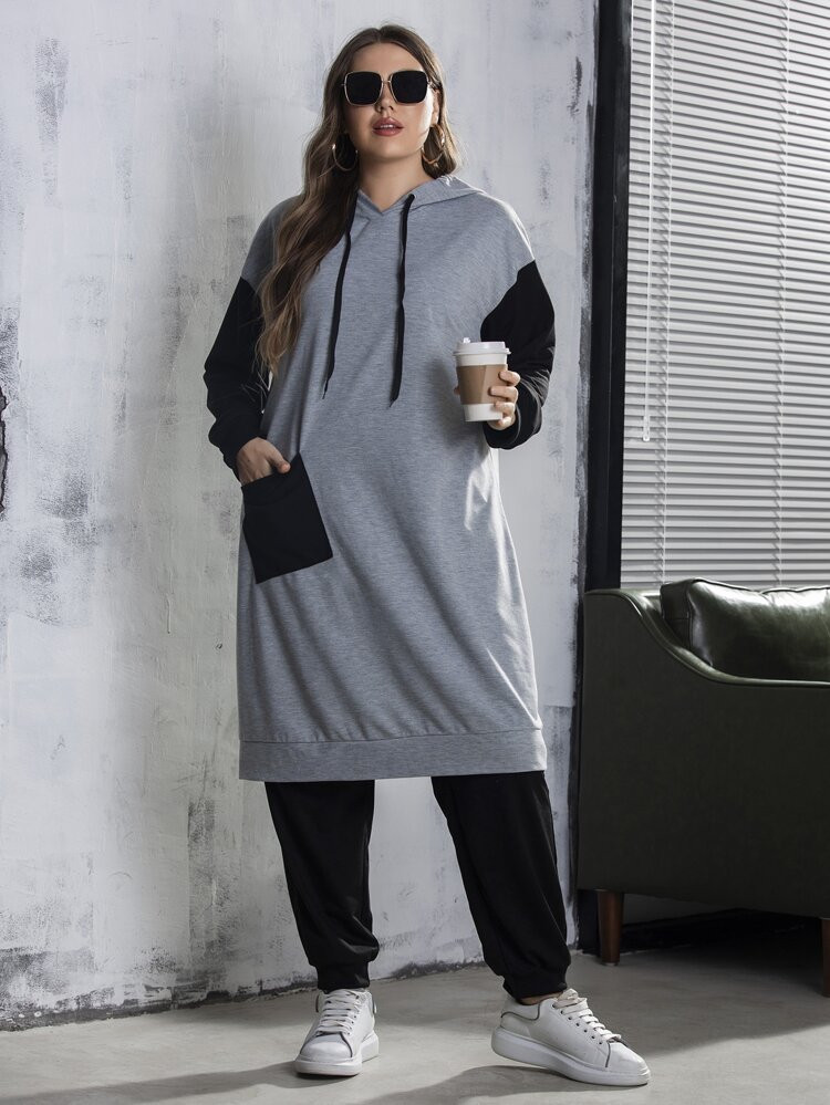 Plus Two Tone Pocket Patched Drawstring Longline Hoodie & Sweatpants | SHEIN