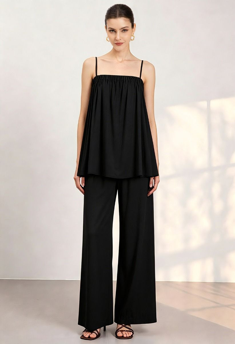 Elasticated Neckline Swing Cami Top and Pants Set in Black for Beach Vacations & Resort Stays | Chicwish