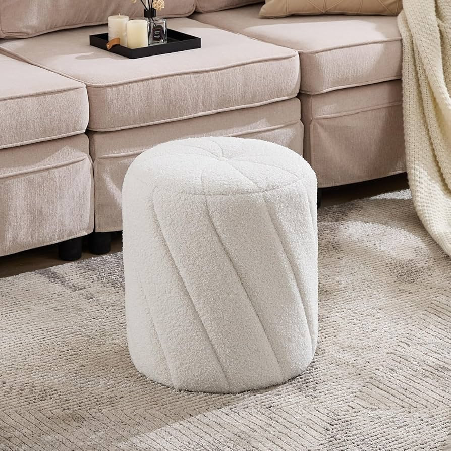 Modern Round Ottoman, Spiral-Tufted Foot Stool Ottoman, Teddy Fleece Upholstered Vanity Stool for... | Amazon (US)