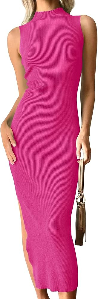 ZESICA Women's 2024 Summer Knitted Sweater Dress Sleeveless Mock Neck Ribbed Side Slit Bodycon Ta... | Amazon (US)