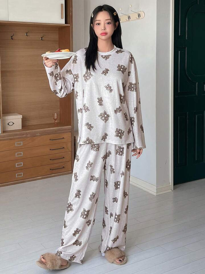 DAZY Bear Print Drop Shoulder PJ Set | SHEIN