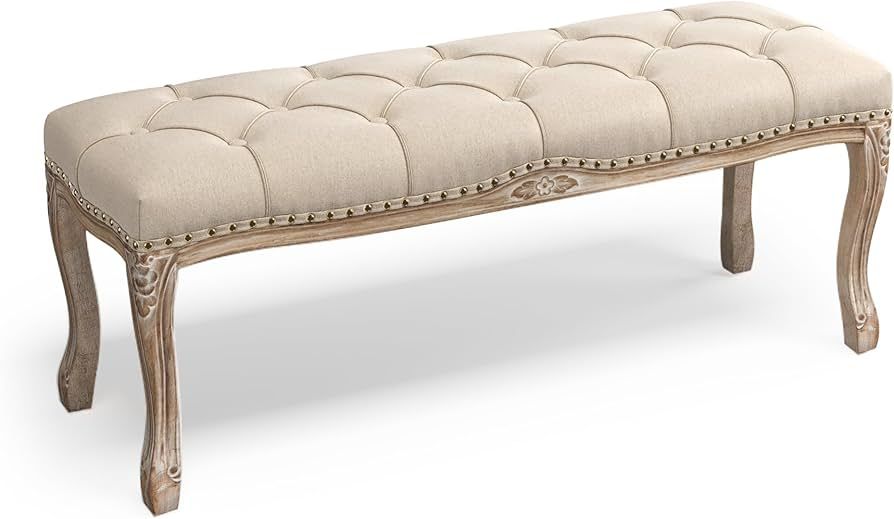 Bedroom Bench, French Vintage Tufted Entryway Bench, 45.2'' Carving Upholstered End of Bed Bench ... | Amazon (US)