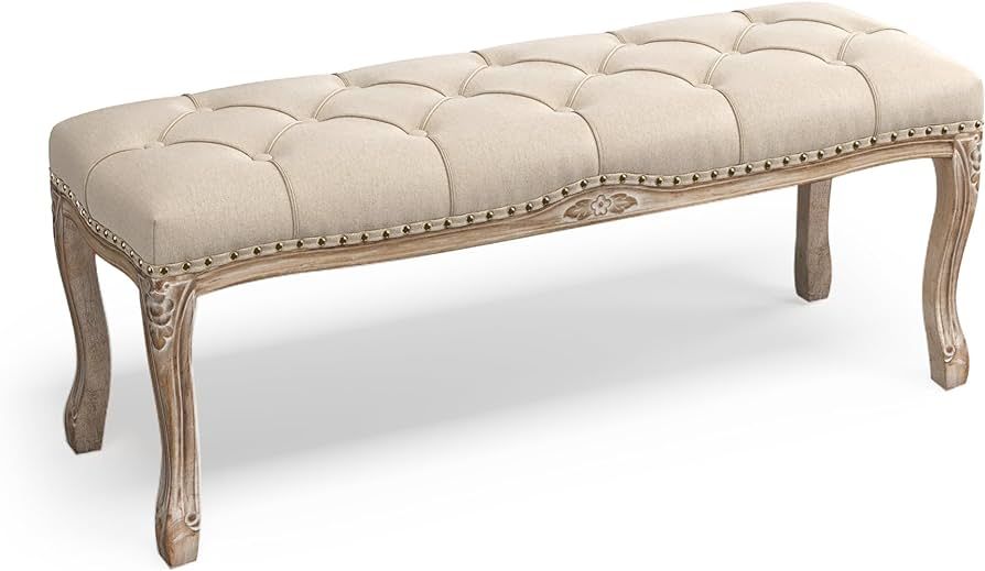 Bedroom Bench, French Vintage Tufted Entryway Bench, 45.2'' Carving Upholstered End of Bed Bench ... | Amazon (US)