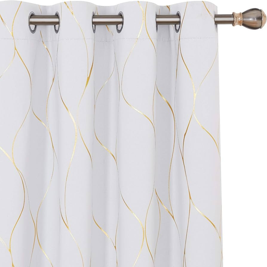 Deconovo White Blackout Curtains 84 inches Long - Gold Wave Foil Print Grommet Drapes, Room Darke... | Amazon (US)