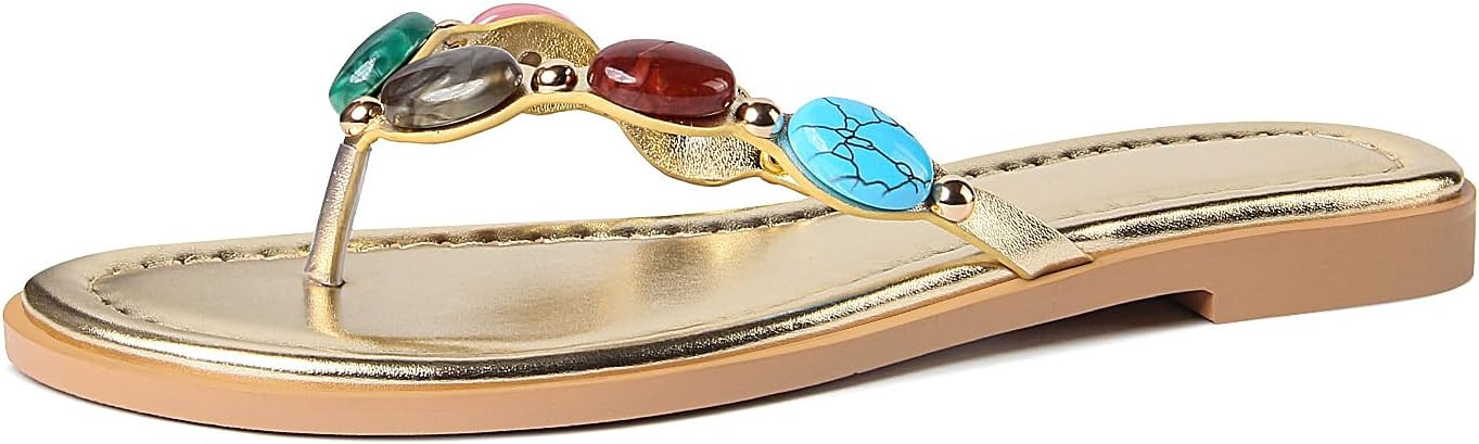 Jewelled Thong Sandal for Women Open Round Toe Flip Flops Comfy Slip on Flats Sandals Casual Summ... | Amazon (US)