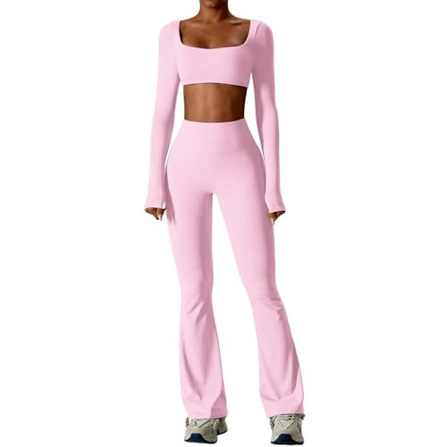 ABOCIW Workout Sets for Women Square Neck Long Sleeve Crop Top Scrunch Butt Lifting High Waist Flare Leggings 2 Piece Gym Yoga Outfits Y-Pink Small | Amazon (US)