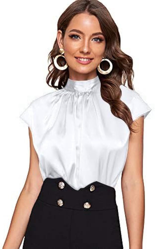 SOLY HUX Women's Mock Neck Satin Silk Short Sleeve Shirt Tie Back Work Blouse Casual Top | Amazon (US)
