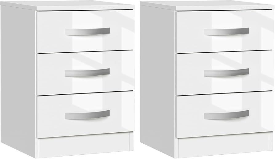 HOMCOM Modern Nightstand Set of 2, Bedside Tables with 3 High Gloss Drawers for Bedroom, White | Amazon (CA)