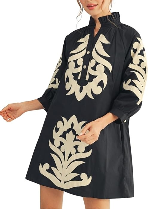 Womens Floral Embroidered Applique Mini Summer Dress 3/4 Puff Sleeves Ruffled V Neck Loose Casual... | Amazon (US)