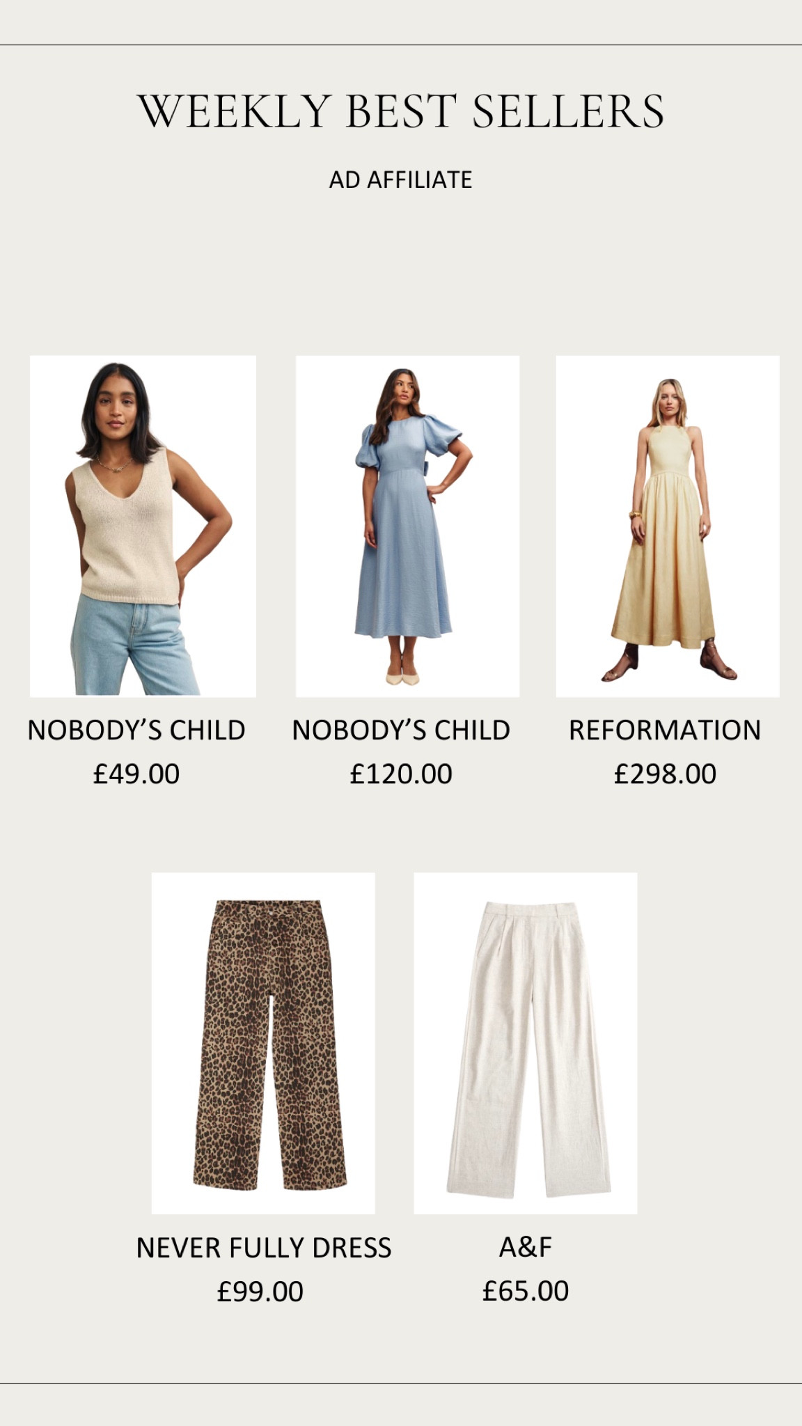 Weekly Best Sellers ✨

Cream Top, linen vest, blue dress, midi dress, nobody’s child, linen pants, linen dress, leopard jeans

#LTKsummer #LTKstyletip #LTKeurope