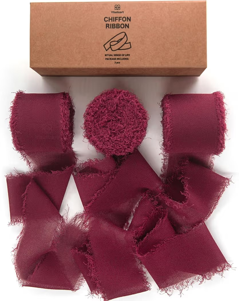 Vitalizart Burgundy Red Handmade Chiffon Silk Ribbon Fringe 3 Rolls 1.5" x 21 Yd Frayed Edges Rib... | Amazon (US)