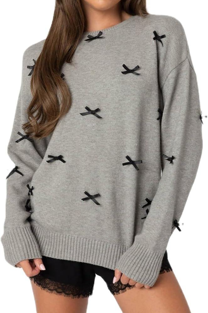 Women Ribbon Knit Sweater Autumn Winter Long Sleeve Grunge Preppy Bowknot Pullovers Vintage Y2K C... | Amazon (US)