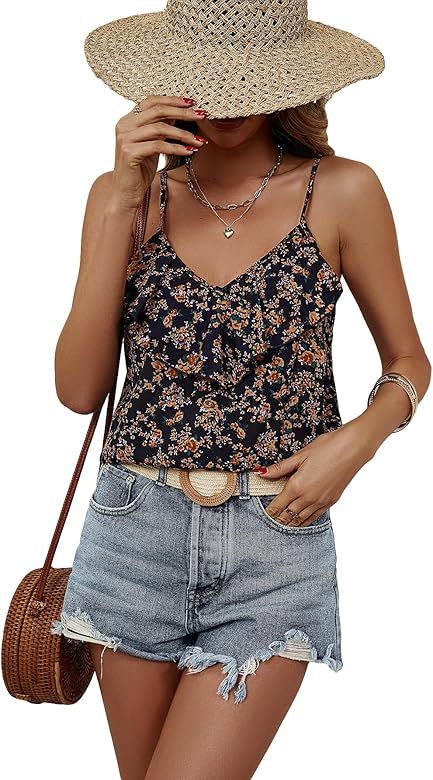 SOLY HUX Women's Floral Print Ruffle Trim V Neck Cami Top Spaghetti Strap Summer Camisole | Amazon (US)