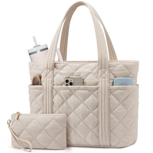 LOVEVOOK Puffer Tote Bag for Women, Quilted 15.6" Work Tote with Zipper, Large Travel Essentials Handbag, Puffy Purse for Teacher, Nurse, Gym, Hospital, Overnight, Carry On Shoulder Bag, Gifts | Amazon (US)