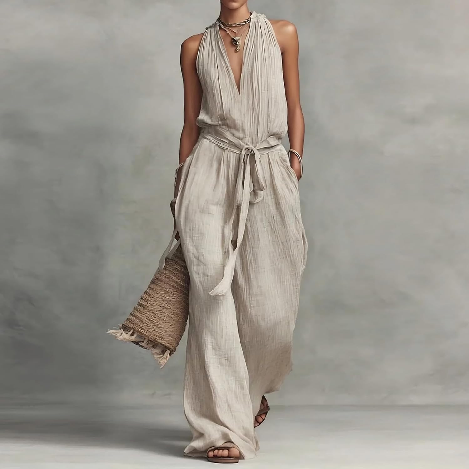 Womens Linen Jumpsuit Halter Sleeveless V-Neck Loose Fit Top Wide Leg Pants Casual Jumpsuit Summe... | Amazon (US)