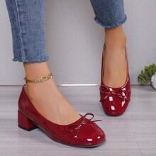 New Women Classic Red High Heels Ballet Flats With Square Toe ChunkyLow Heel Bow Decoration Shallow Mouth French Vintage Patent Leather Shoes | SHEIN