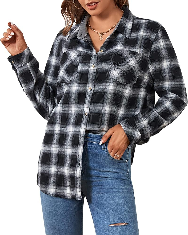 SAMERM Flannel Shirts for Women Oversized Long Sleeve Button Down Buffalo Plaid Shirt Blouse Tops... | Amazon (US)