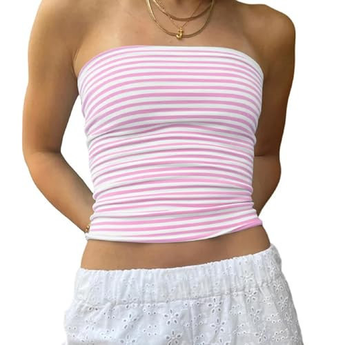 Muineobuka Women Y2k Striped Bandeau Tube Top Backless Sleeveless Contrast Color Crop Tube Top | Amazon (US)