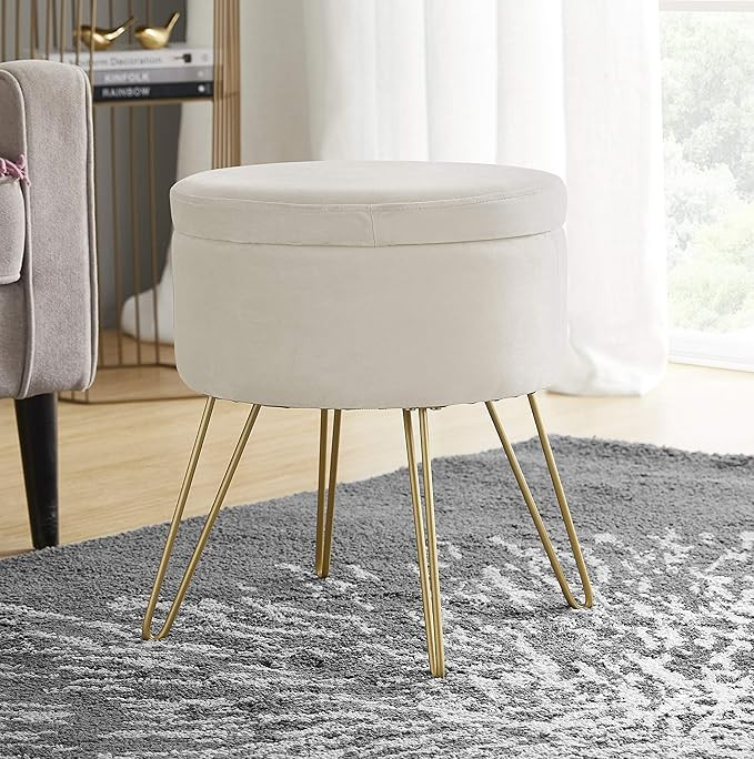 Ornavo Home Modern Round Velvet Storage Ottoman Foot Rest Vanity Stool/Seat with Gold Metal Legs ... | Amazon (US)