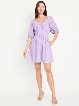 Waist-Defined Puff-Sleeve Seersucker Mini Dress | Old Navy (US)
