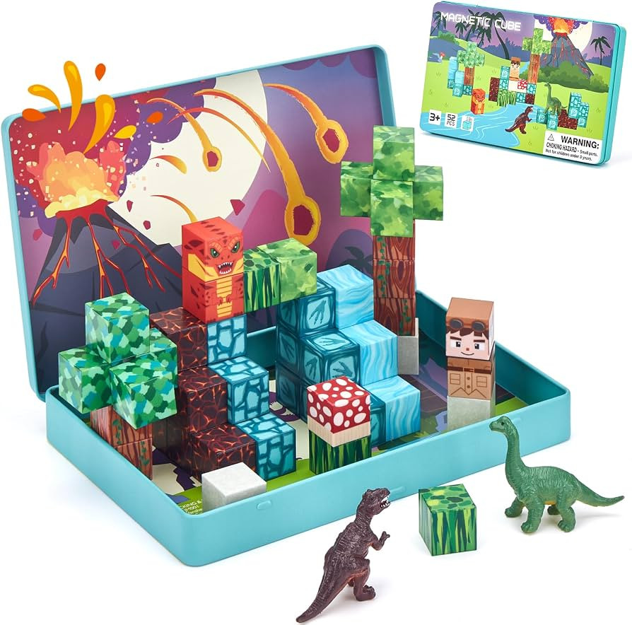 hahaland Mini Magnetic Blocks Travel Set with Magnetic Case - 52 PCS Magnet Building Cubes Dinosa... | Amazon (US)