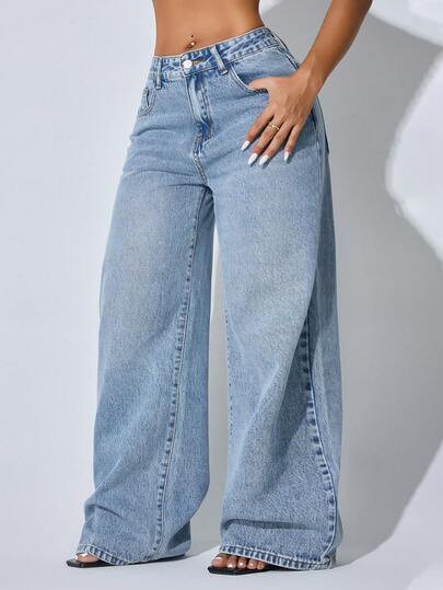 Low-Waist Wide-Leg Casual Blue Jeans With Slant Pockets, Summer Clothing Spring | SHEIN