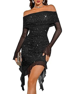 BeryLove Women's Sexy Sequin Cocktail Dress Ruched Bodycon Off Shoulder Glitter Formal Party Long... | Amazon (US)