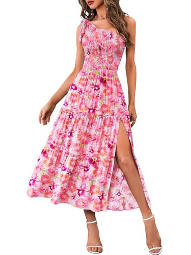 MEROKEETY Women's Summer One Shoulder Sleeveless Knot Smocked Midi Dress Split Tiered Flowy Dresses, PinkFloral, X-Large | Amazon (US)