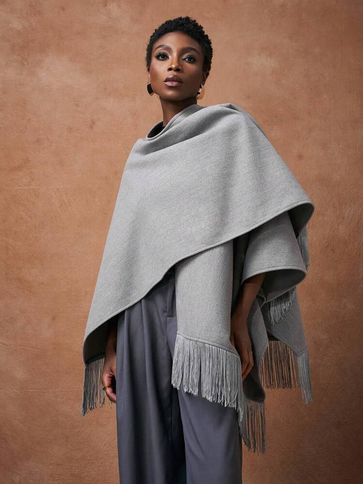 Zivah 2025 Autumn/Winter New Arrival Music Festival & Graduation Season College Style Student Wear Everyday Casual All-Match Versatile Vacation Beach Sunbathing Streetwear Commute Elegant Fringe Edge Cloak Style Wool Blend Coat | SHEIN