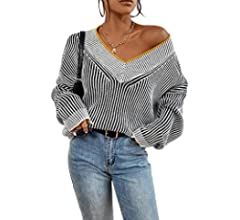 SweatyRocks Women's Striped V Neck Long Sleeve Sweater Drop Shoulder Loose Fit Pullover Knitwear ... | Amazon (US)