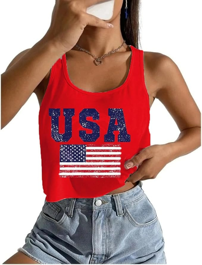 4th of July Crop Tops for Women Funny American Flag Shirts Tank Tops Outfits | Amazon (US)