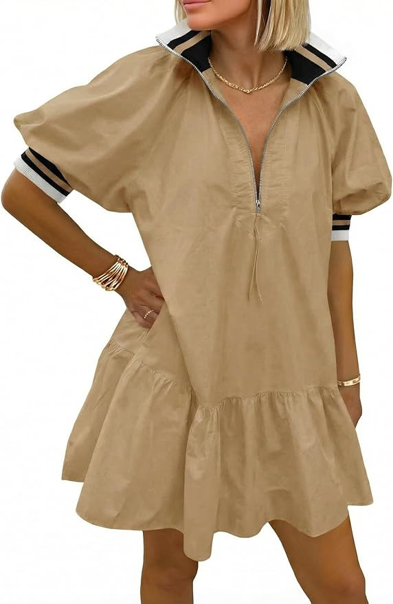 Wenrine Women Short Puff Sleeve Dress Half Zip V Neck Collar Summer Casual Color Block Sweatshirt... | Amazon (US)