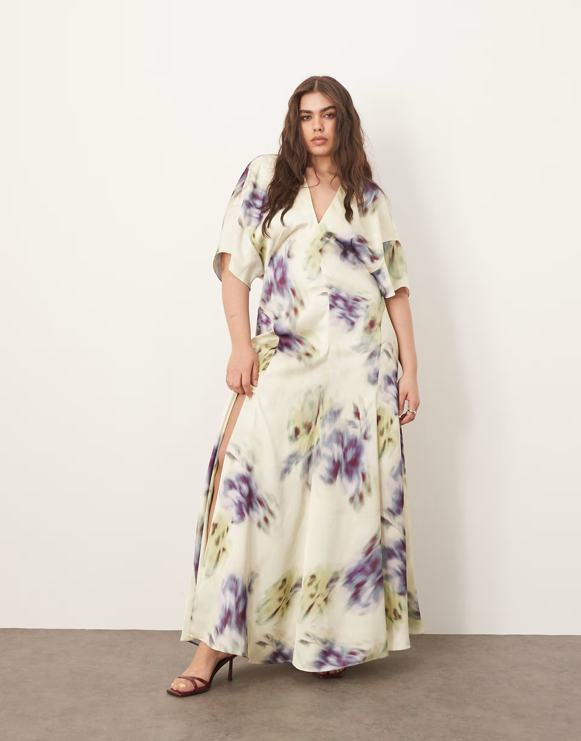 ARRANGE Curve modern 30's maxi satin dress with shoulder pad in blurred floral | ASOS (Global)