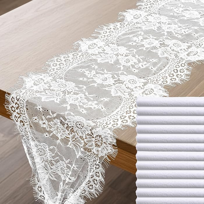 12 Pack 14 x 120 Inch Lace Table Runner, White Rustic Lace Fabric Table Runners with Vintage Rose... | Amazon (US)