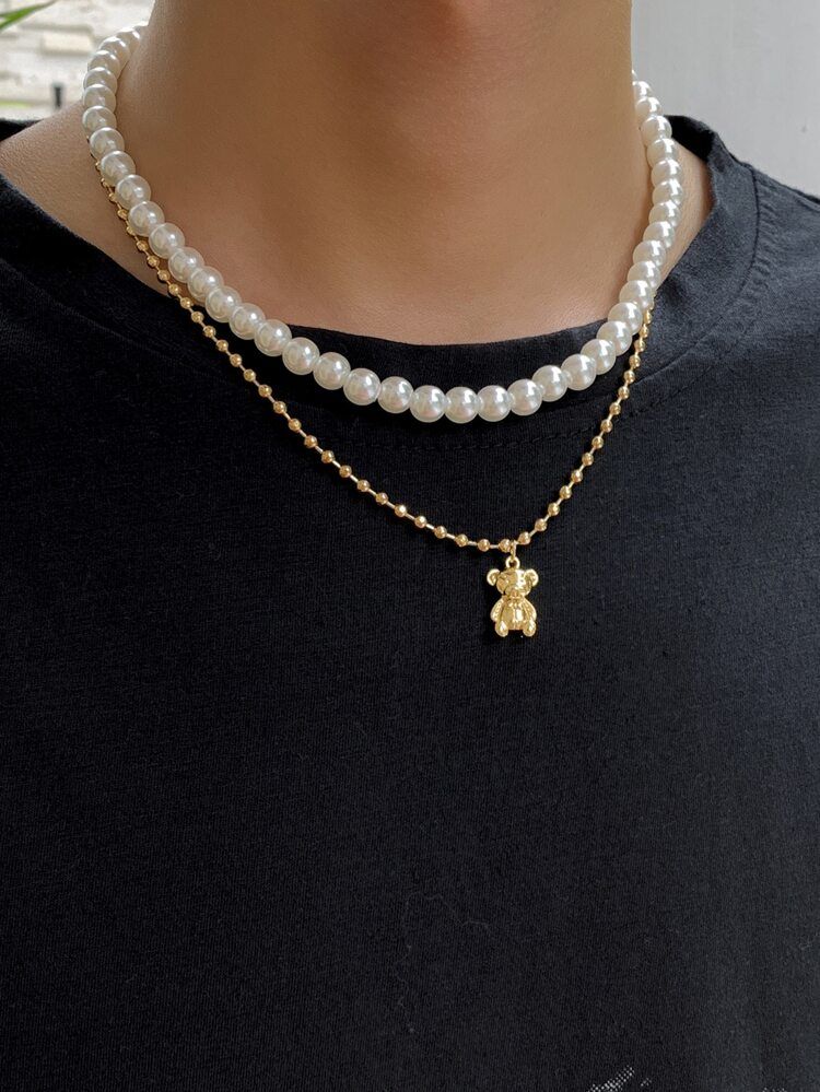 Men Bear Charm Faux Pearl Beaded Layered Necklace | SHEIN