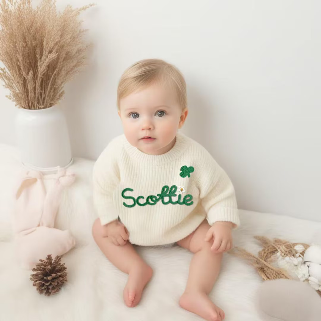 St. Patrick's Day Custom Baby Clover Sweater|Flower Embroidered Baby Name Jumper|Handmade Lucky C... | Etsy (US)