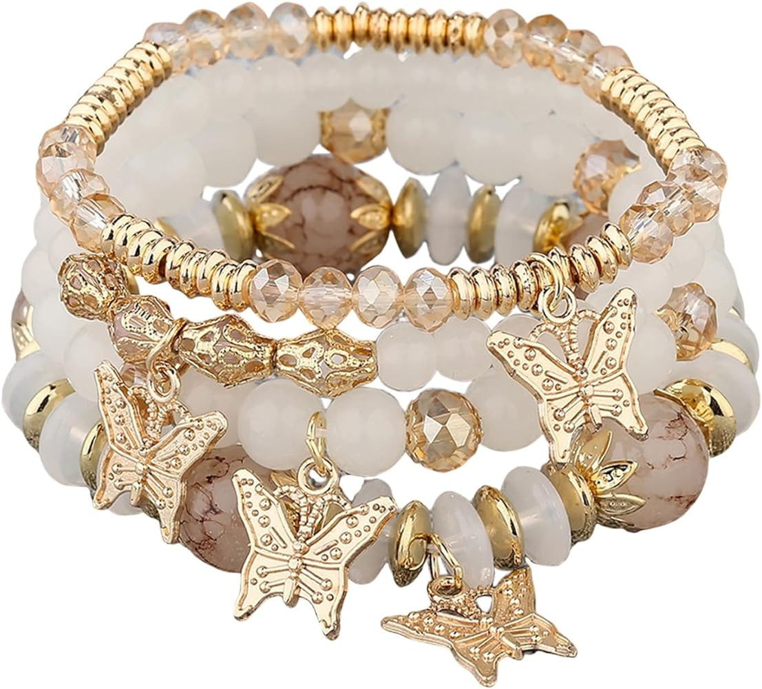 4Pcs Set Bohemian Butterfly Crystal Stone Stretch Pendant Bracelets for Women Girls Gold Beaded S... | Amazon (US)
