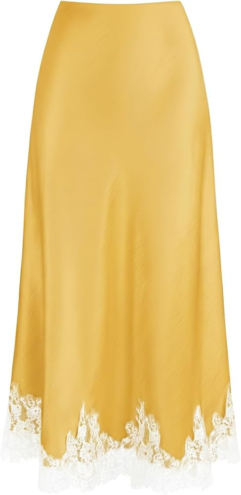 VividMosaic Lace Trim Satin Midi Skirt High Waisted Long Skirt for Women | Amazon (US)
