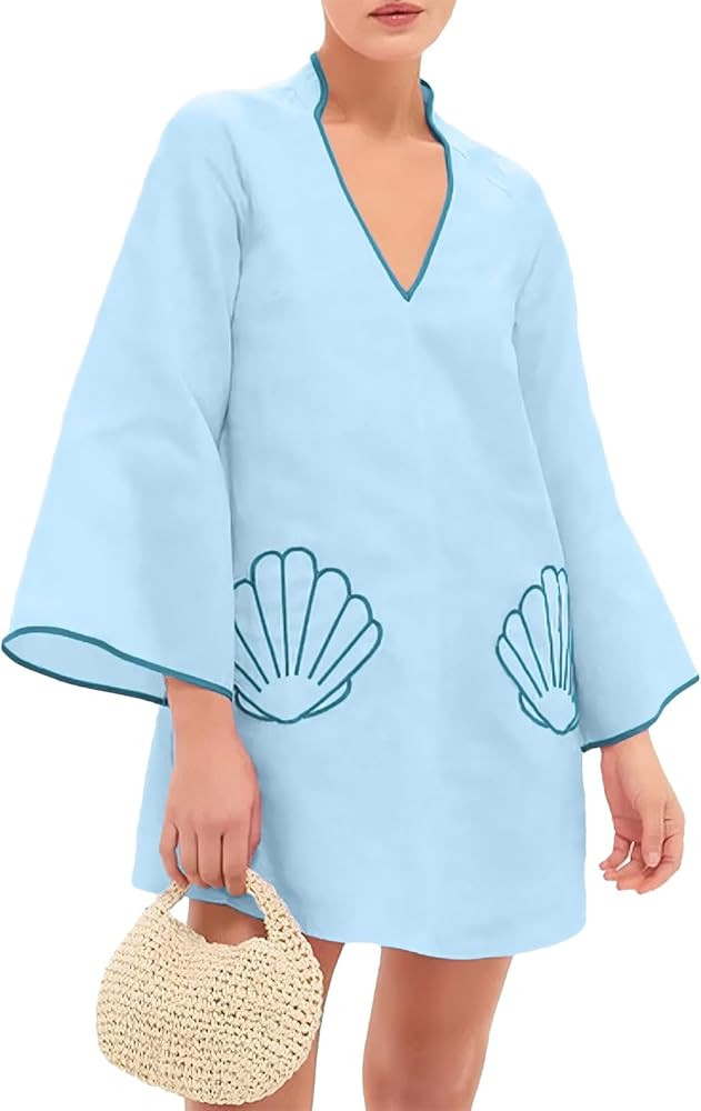 Women Shell Embroidery Beach Cover Up Mini Dress V Neck 3/4 Bell Sleeves Loose Fit Babydoll Skirt... | Amazon (US)