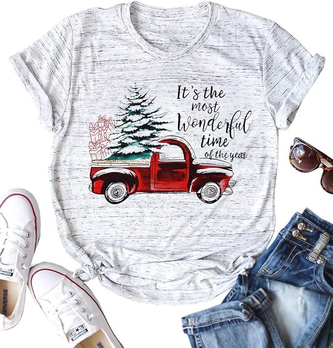 FLOYU Women Merry Christmas Tree Shirt Christmas Letter Print Long Sleeve T Shirt Xmas Truck Grap... | Amazon (US)