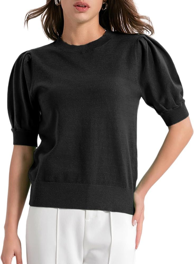 Women's Puff Short Sleeve Sweater Tops 2024 Crewneck Lightweight Knit Pullover Basic Solid Sweate... | Amazon (US)