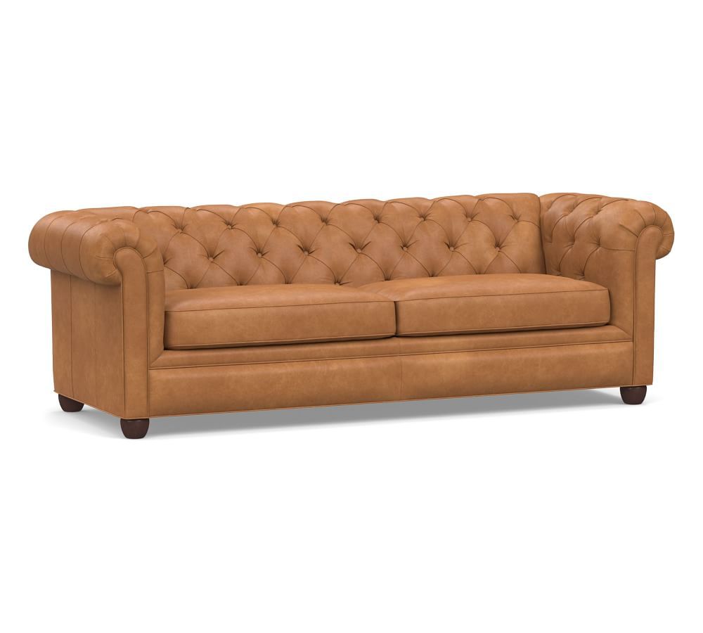 Chesterfield Roll Arm Leather Grand Sofa, Polyester Wrapped Cushions, Churchfield Camel | Pottery Barn (US)