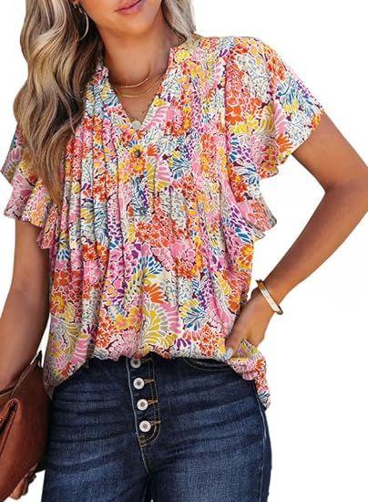 SHEWIN Womens Casual V Neck Boho Floral Blouses Ruffle Short Sleeve Shirts Pleated Flowy Tunic To... | Amazon (US)