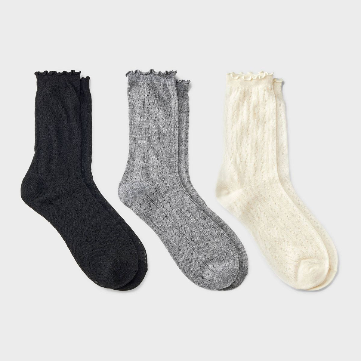 Women's Lettuce Edge Pointelle 3pk Crew Socks - A New Day™ Ivory/Gray/Black 4-10 | Target