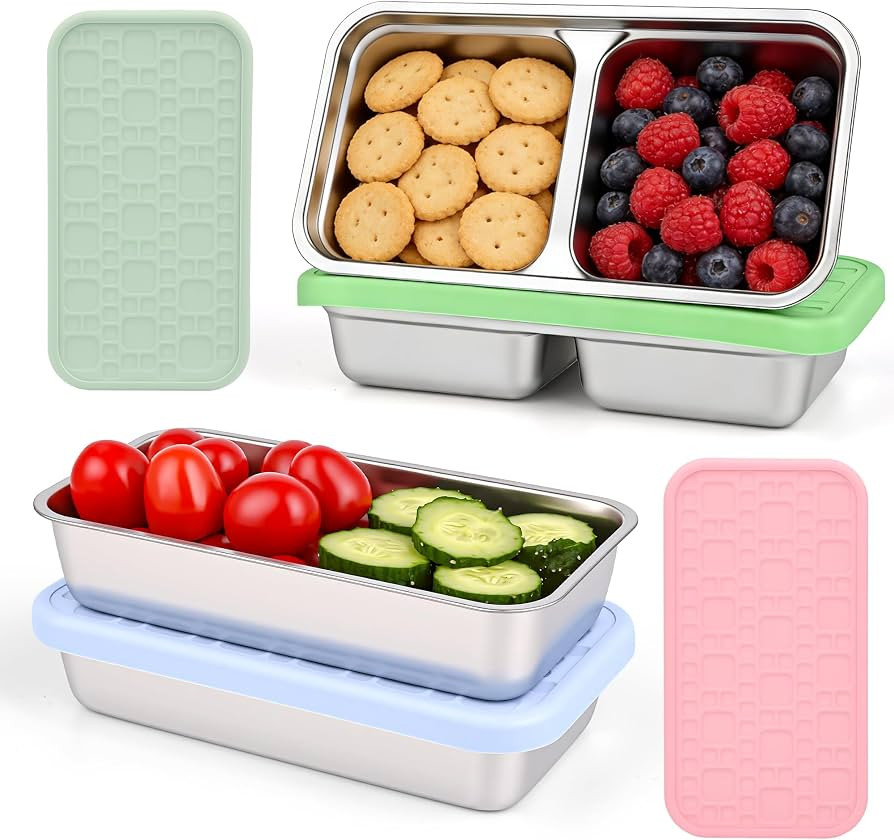 4 Pack Stainless Steel Snack Containers, Leak-Proof 2 Compartment Lunch Boxes with Silicone Lids,... | Amazon (US)