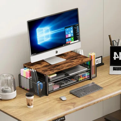 Desk Organizers And Accessories, 2-Tier Computer Monitor Stand For Desk Organizer With Drawer And 2 Pen Holders, Office Desk Accessories Workspace Des | Wayfair North America