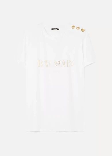 Balmain - Button-embellished Printed Cotton-jersey T-shirt - White | NET-A-PORTER (US)